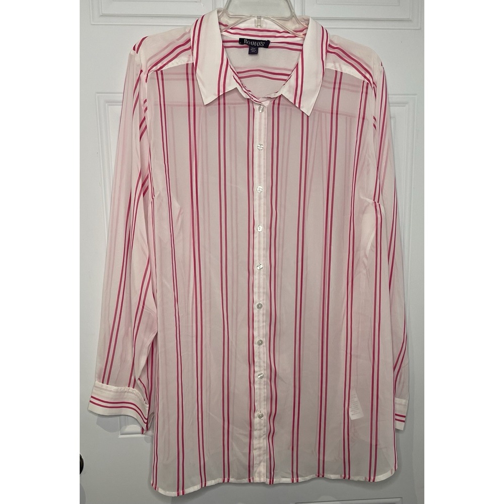 Roaman's Women's 22W Pink White Semi Sheer Striped Long Sleeve Blouse Top Shirt